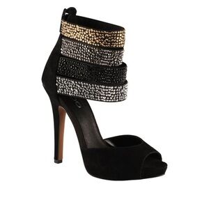 Aldo Rhinestones Black and Gold Strappy Open Toe Women's Heels | Size 6